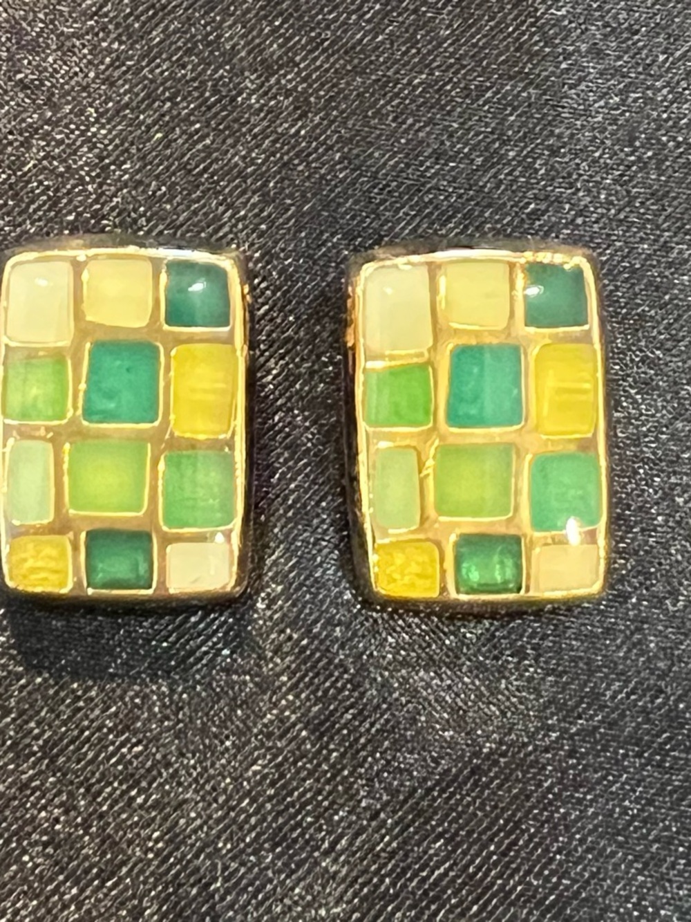 Vintage Liz Claiborne Green and Yellow Mosaic Tile ClipOn Earrings